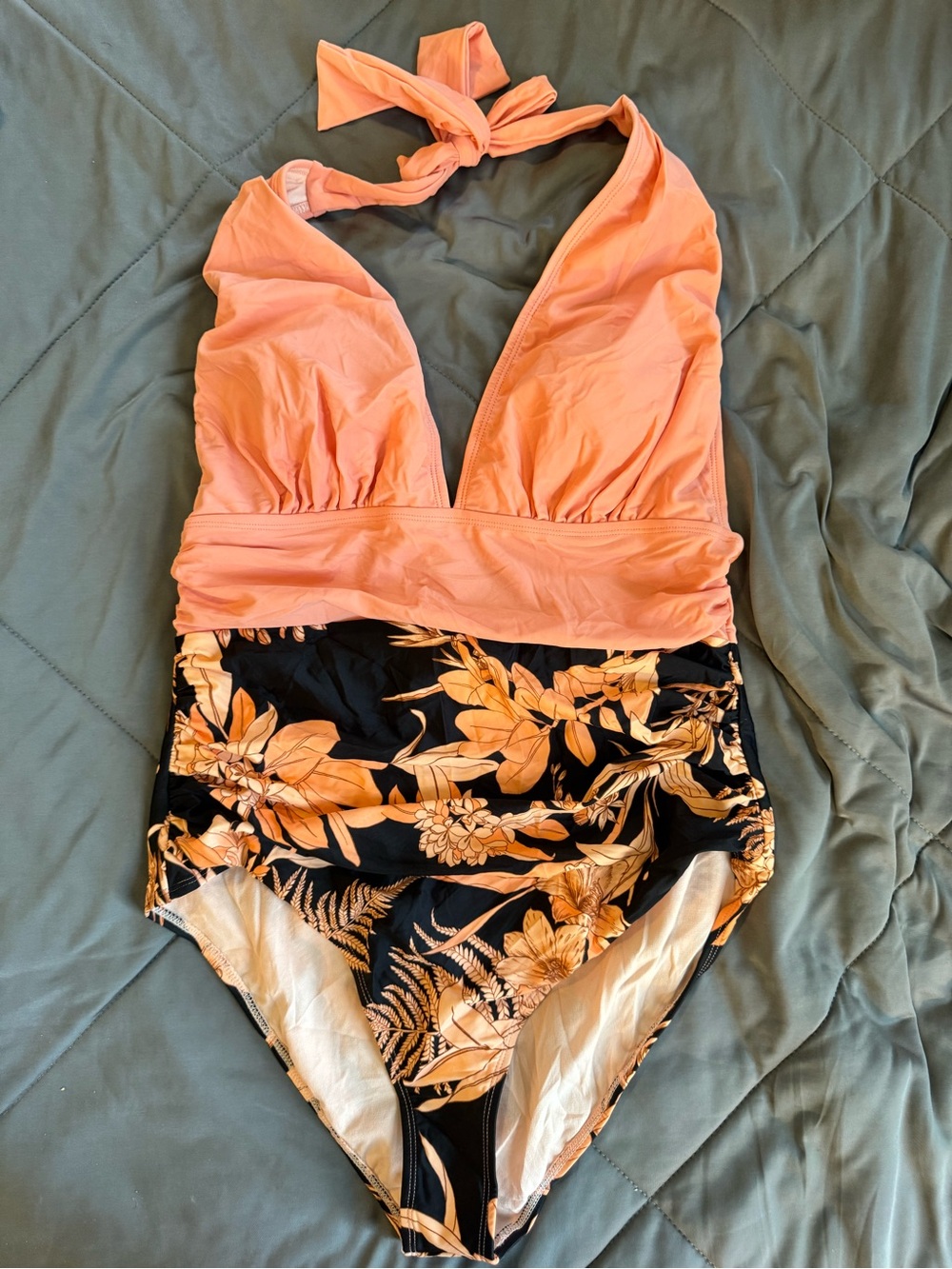Cupshe Coral Halter One-Piece Swimsuit with Black Floral Skirted Bottom